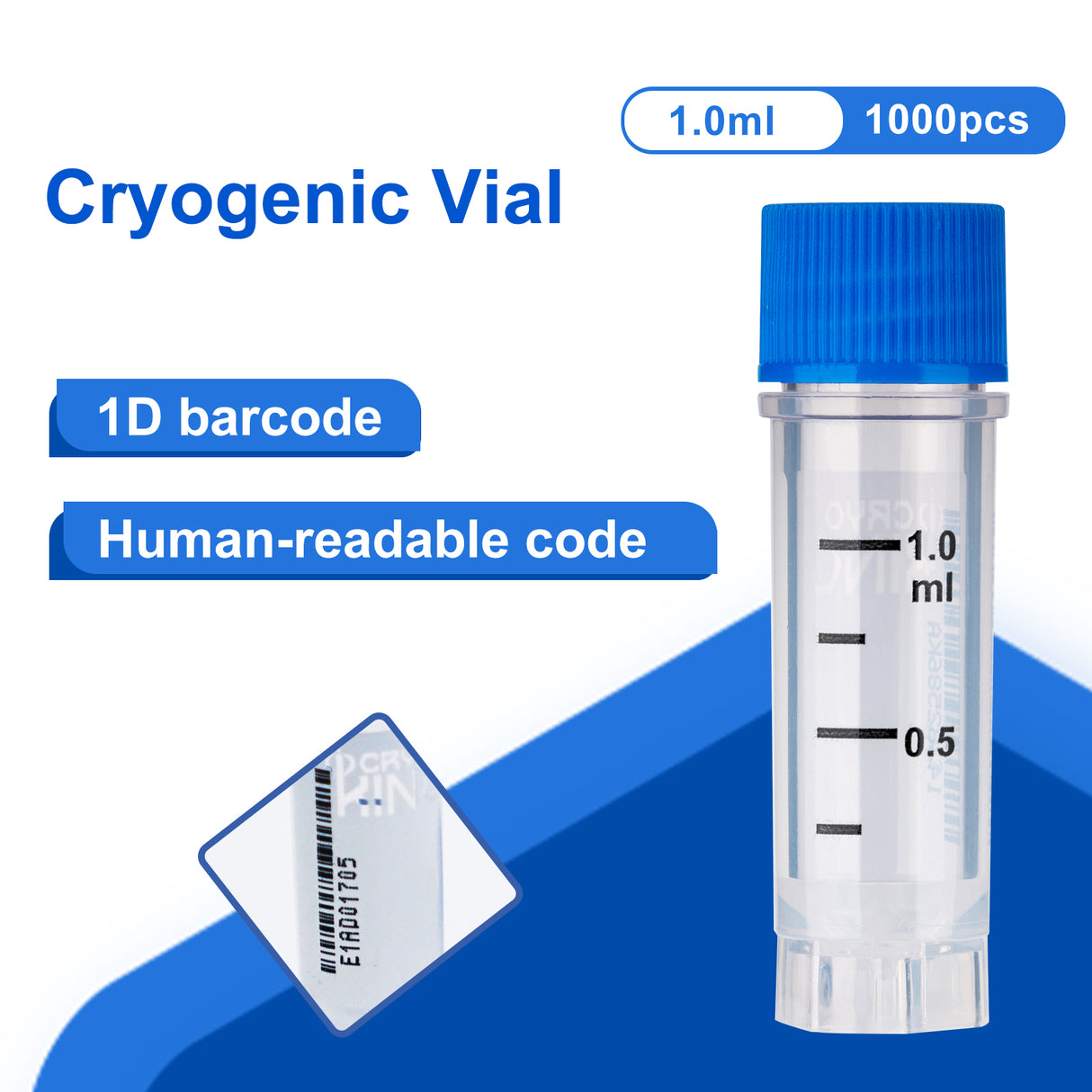 Cryogenic Vials with Side Bardcode-1.0 ml, External Thread, 25/Bag, 500/Pack, 1000/Case