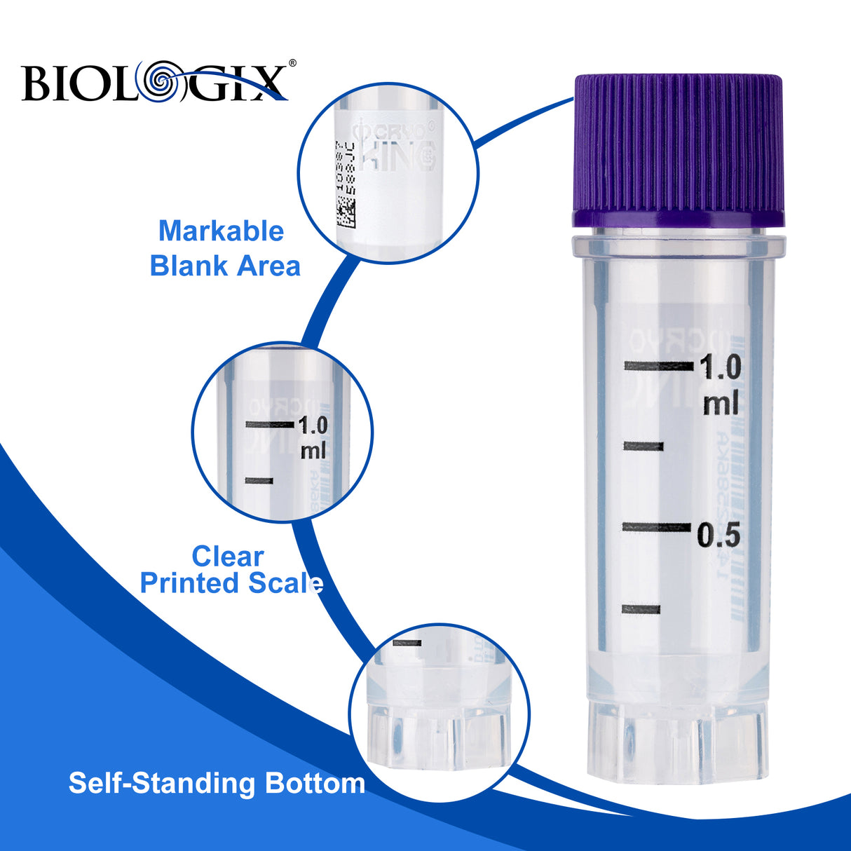 Cryogenic Vials with Side Bardcode-1.0 ml, External Thread, 25/Bag, 500/Pack, 1000/Case