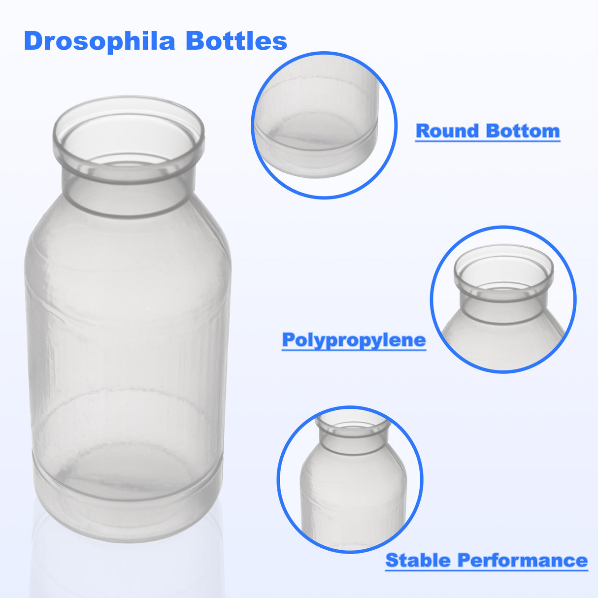 Drosophila Bottles, 8oz (227ml), Round Bottom, Bulk/Tray Package, 100 Pcs/Case