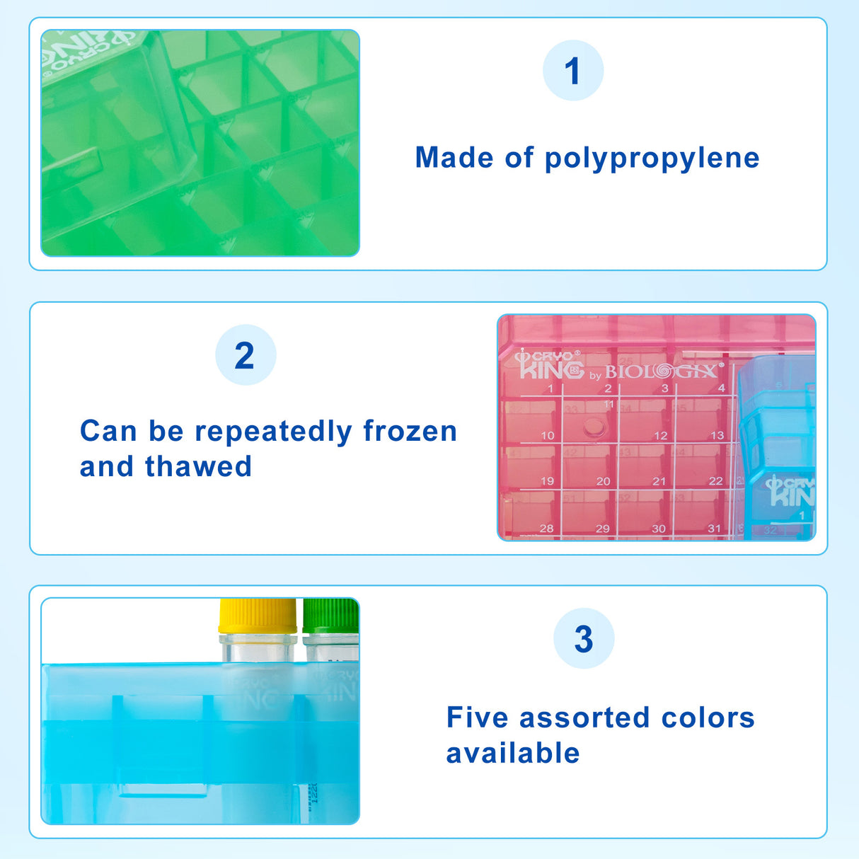 CryoKING® PP Cryogenic Boxes (2in. 81-Well) Assorted color, 5/Pack. 20/Case