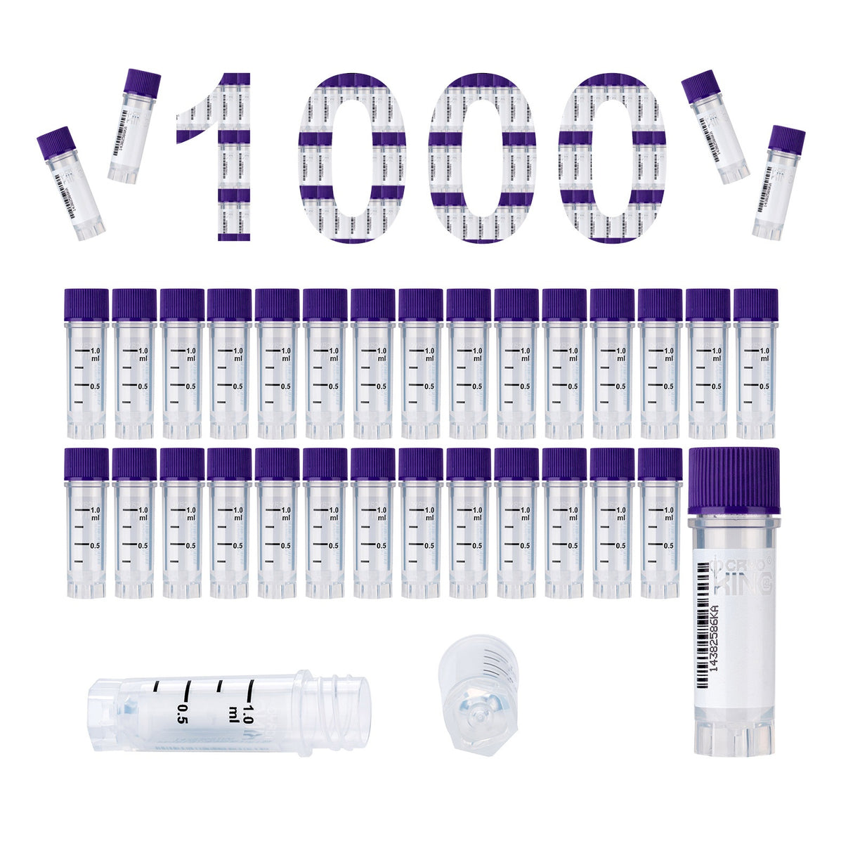 Cryogenic Vials with Side Bardcode-1.0 ml, External Thread, 25/Bag, 500/Pack, 1000/Case