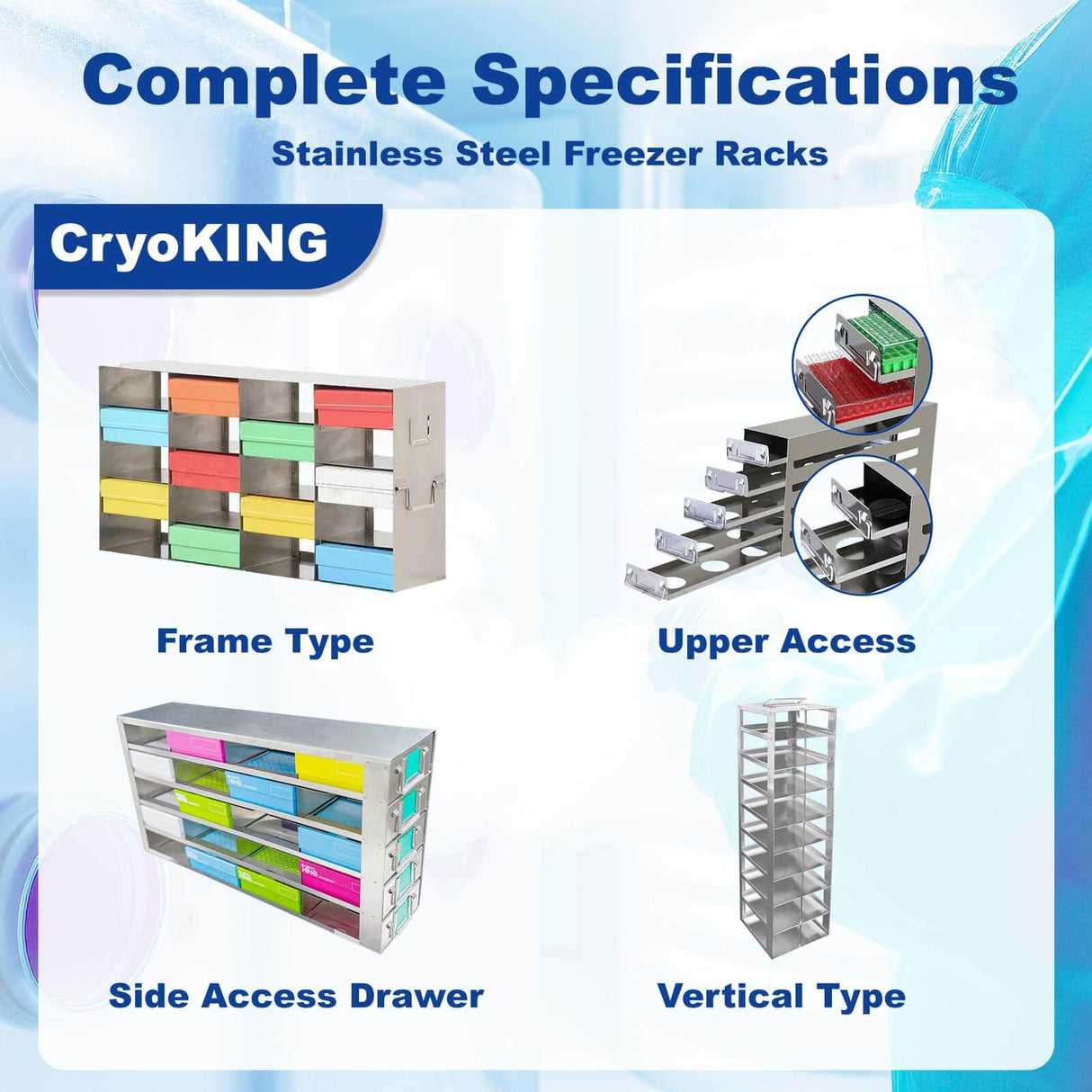 CryoKING® Sliding Drawer Freezer Racks, Stainless Steel, Pull-out handles, 1 Piece/Case