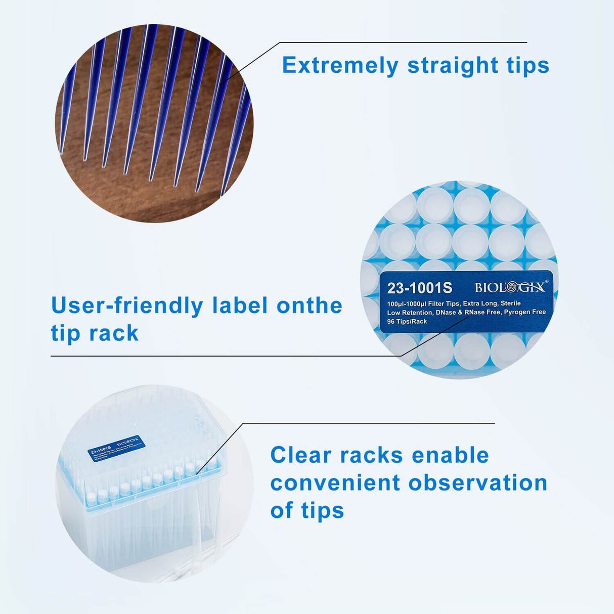 Filter Pipette Tips-10μl, 20ul, 50ul, 100ul, 200ul, 1000ul Extra-Long, Low Retention, 96/Rack, 4800/Case