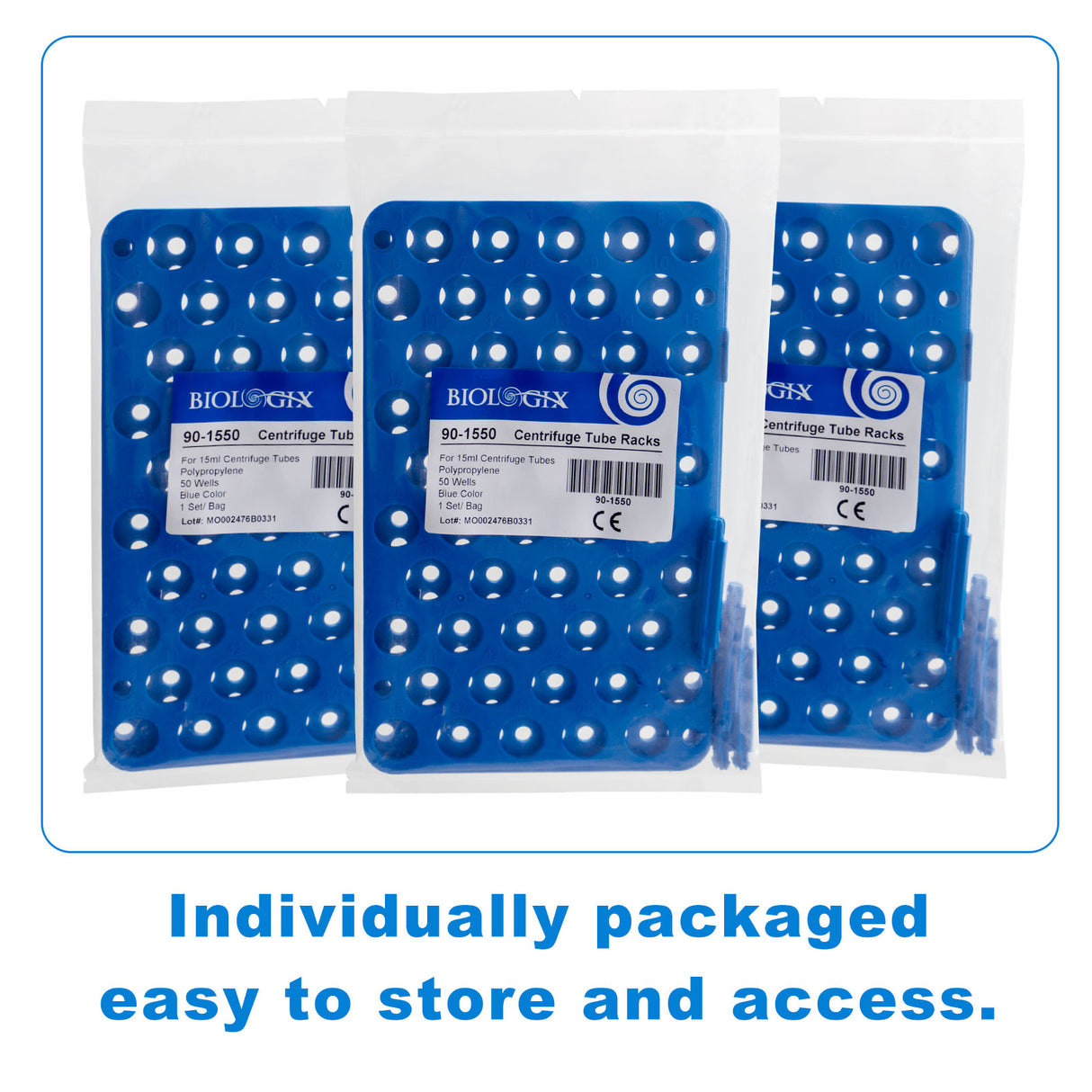 Biologix® Centrifuge Tube Rack for 15ml Centrifuge Tubes (50-Well, Blue), 1/Bag, 20 Bags/Case