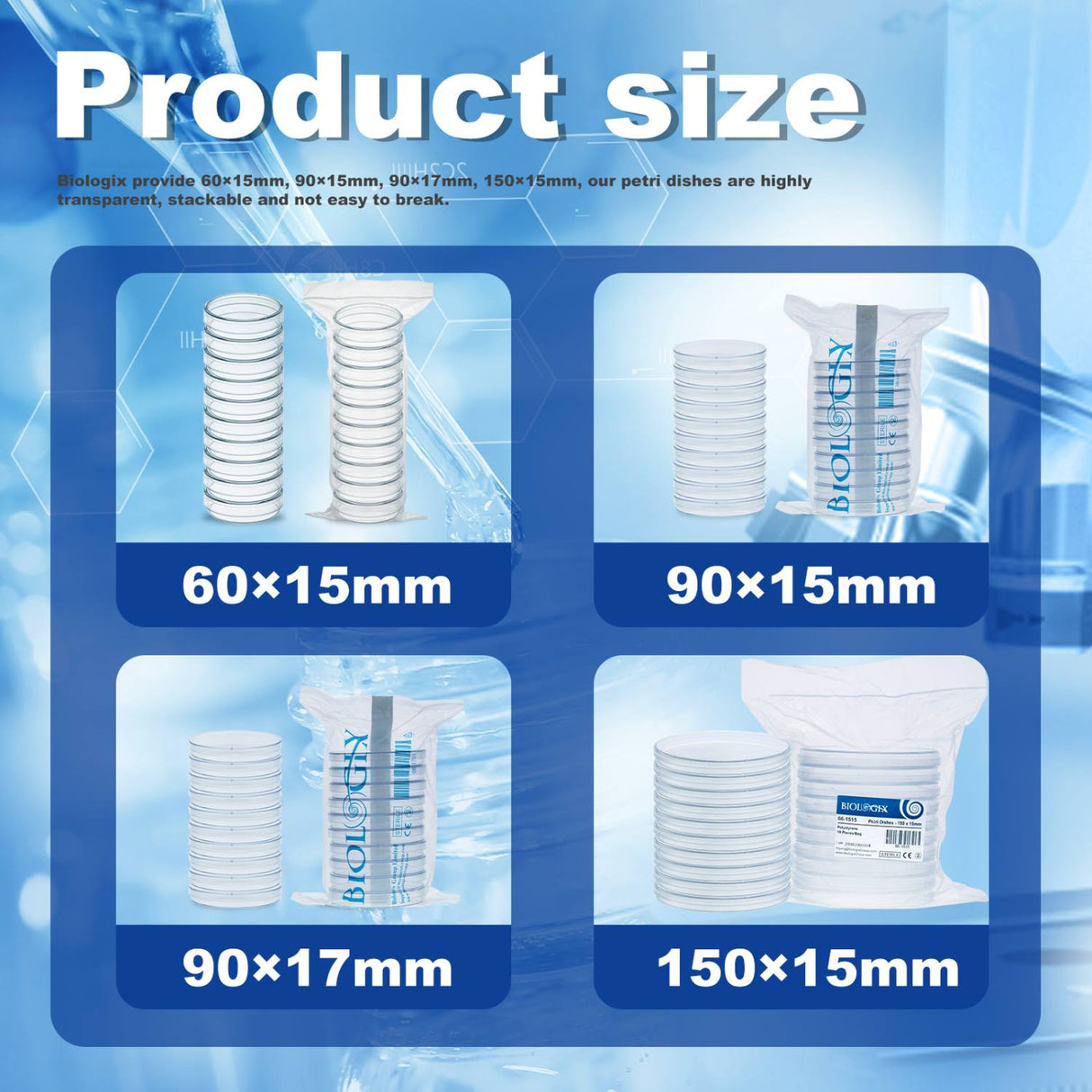 Biologix® Plastic Petri Dishes with Lids, Sterile Petri Dish, 10/Bag, 500/Case