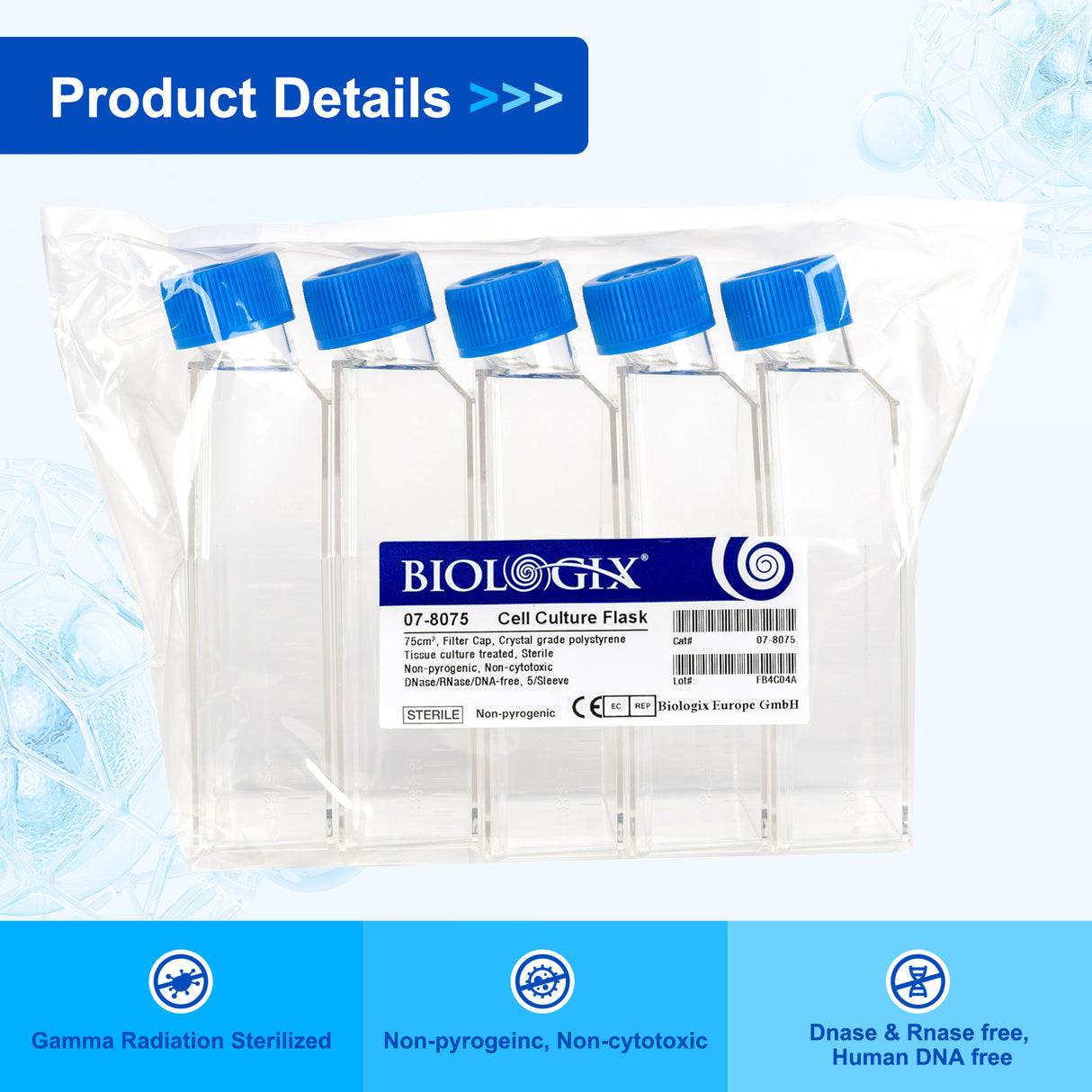 Biologix® Cell Culture Flasks 75c㎡ with Filter / Plug Caps, 250mL, 5/Pack, 100/Case