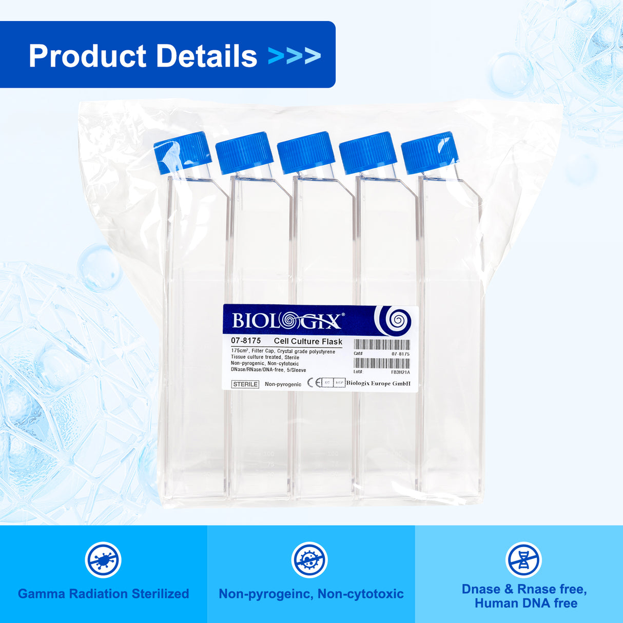 Biologix® Cell Culture Flasks 175c㎡ with Filter / Plug Caps, 650mL, 5/Bag, 40/Case