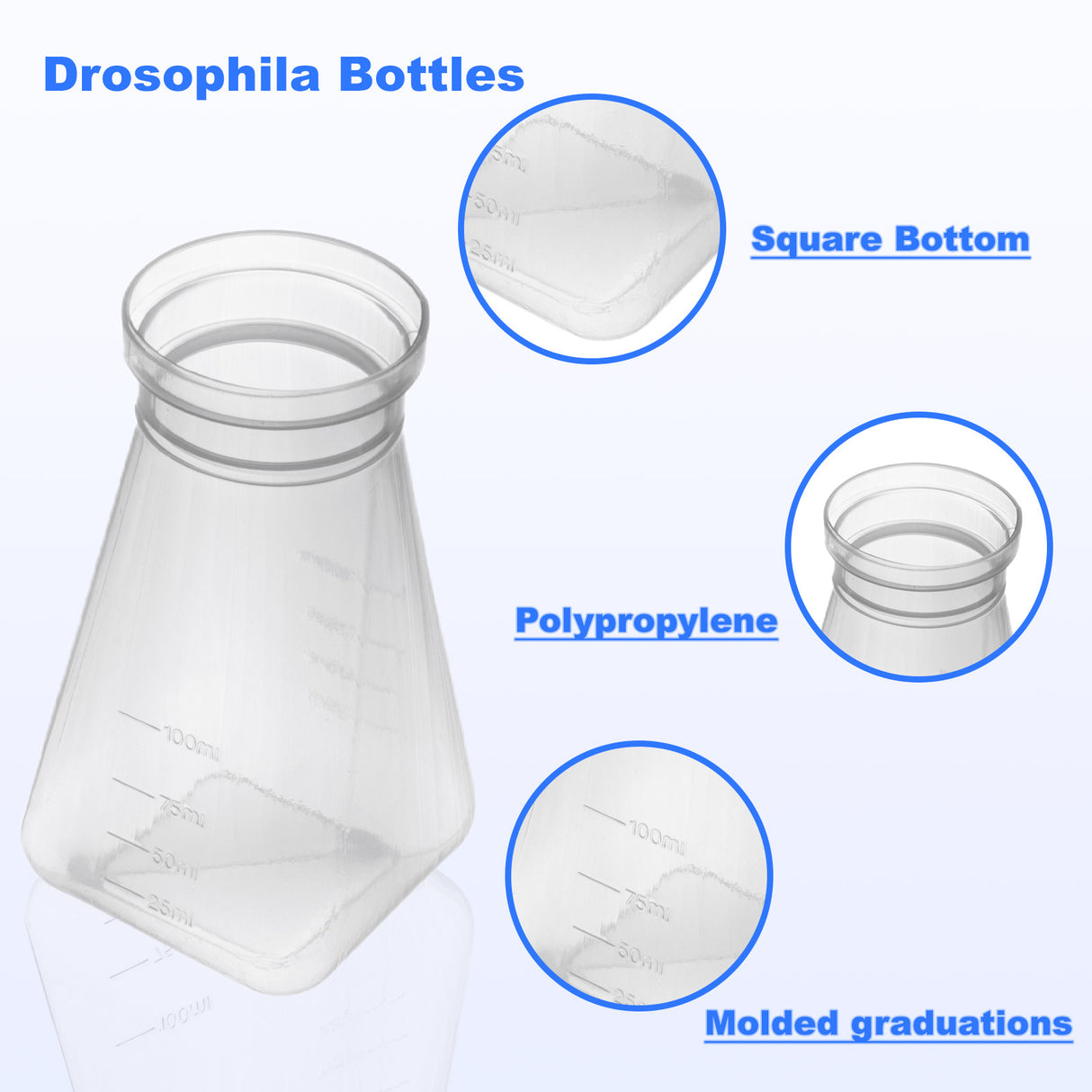 Drosophila Bottles, 6oz (177ml), Square Bottom, Bulk/Tray Package, 200 Pcs/Case