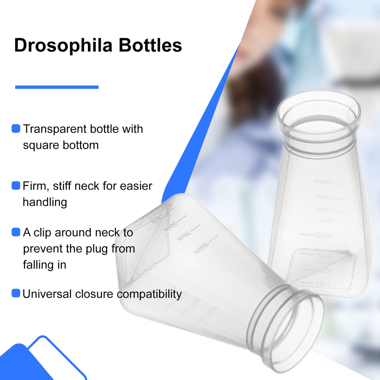Drosophila Bottles, 6oz (177ml), Square Bottom, Bulk/Tray Package, 200 Pcs/Case