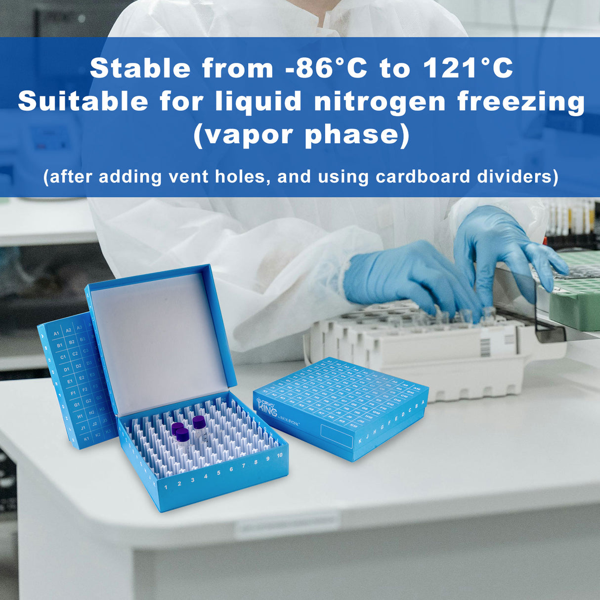 CryoKING® ID-Color™ 1in Cardboard Freezer Boxes (100-well), Blue, 5/Pack, 20/Case