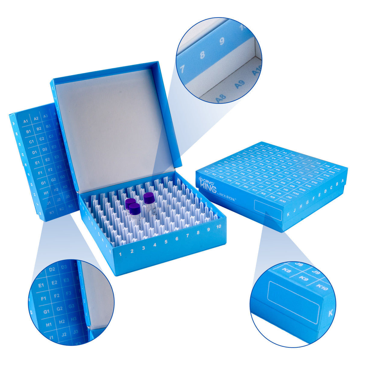 CryoKING® ID-Color™ 1in Cardboard Freezer Boxes (100-well), Blue, 5/Pack, 20/Case