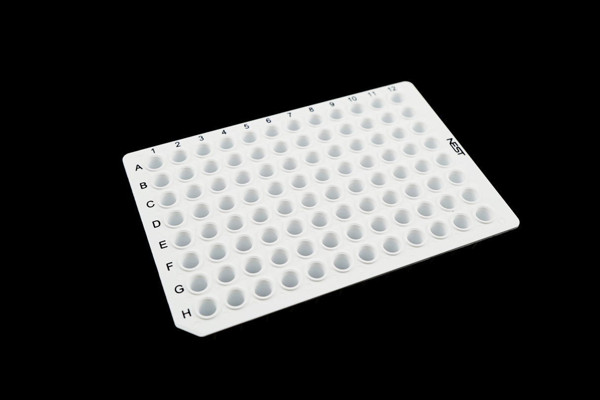 NEST 200 uL 96 Well PCR Plate, No Skirt, H1 notch, Clear / White, 25/pk, 100/cs