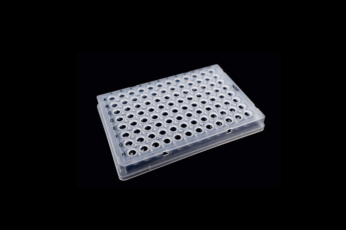NEST 100 ul 96 Well PCR Plate, Full Skirt, Clear or white, H1 Notch, Sterile, 5/bag, 25/pk, 100/cs