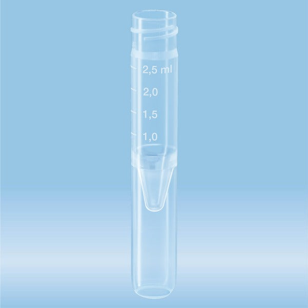 Screw cap tubes, 2.5 ml, 75 x 13 mm, conical false bottom, rounded tube bottom, PP, without cap, 1000 Piece(s)
