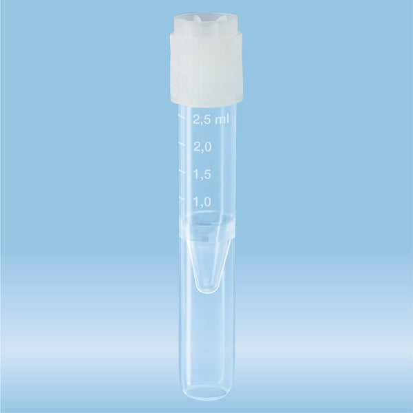 Screw cap tubes, 2.5 ml, 75 x 13 mm, conical false bottom, rounded tube bottom, PP, cap assembed, 1000 Piece(s)