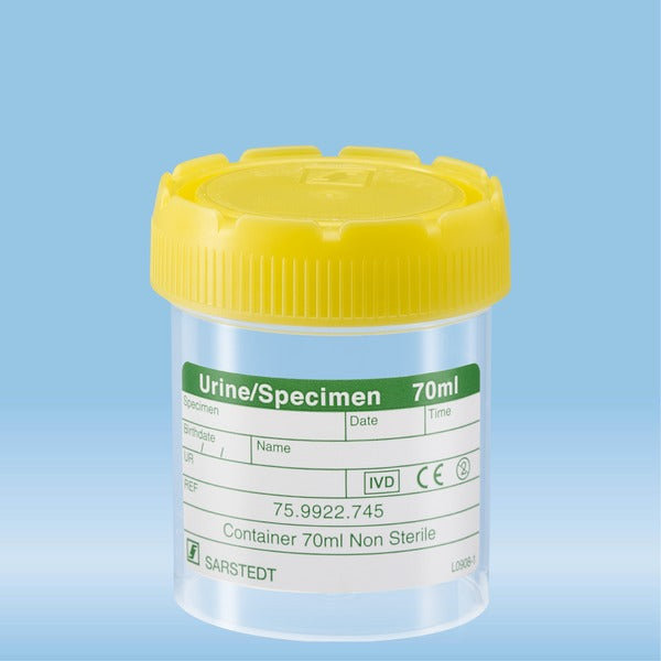 Urine container, 70 ml, 55 x 44 mm, graduated, PP, with paper label, 500 Piece(s)