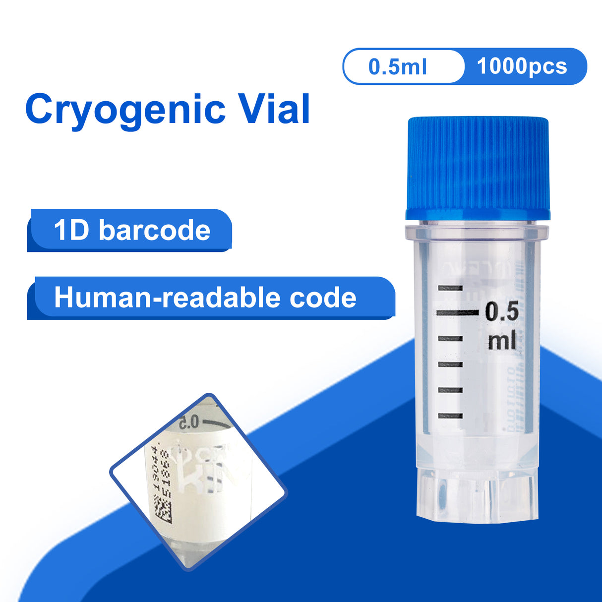 Cryogenic Vials with Side Bardcode-0.5 ml, External Thread, 25/Bag, 500/Pack, 1000/Case
