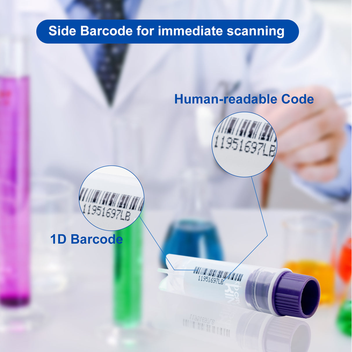 Cryogenic Vials with Side Bardcodes-2.0 ml Internal Thread, 25/Bag, 1000/Case