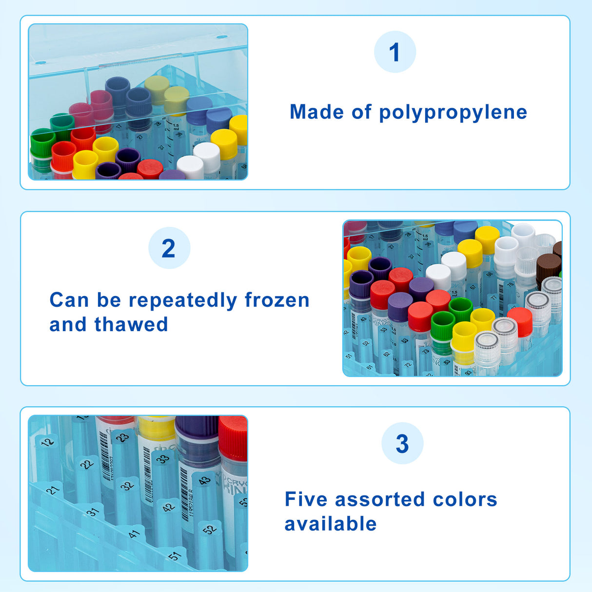 CryoKING® PP Cryogenic Boxes, 2in 100-Well, Assorted Colors, 5/Pack, 20/Case