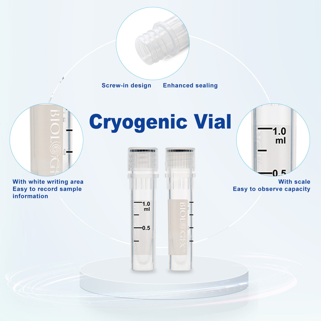 Cryogenic Vials-1.5 mL (47.5mm, Self-Standing), with writing area, 50/Bag, 500/Pack, 2000/Case