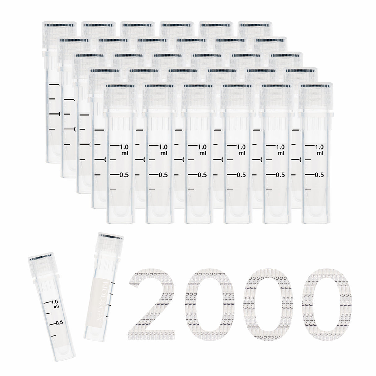 Cryogenic Vials-1.5 mL (47.5mm, Self-Standing), with writing area, 50/Bag, 500/Pack, 2000/Case