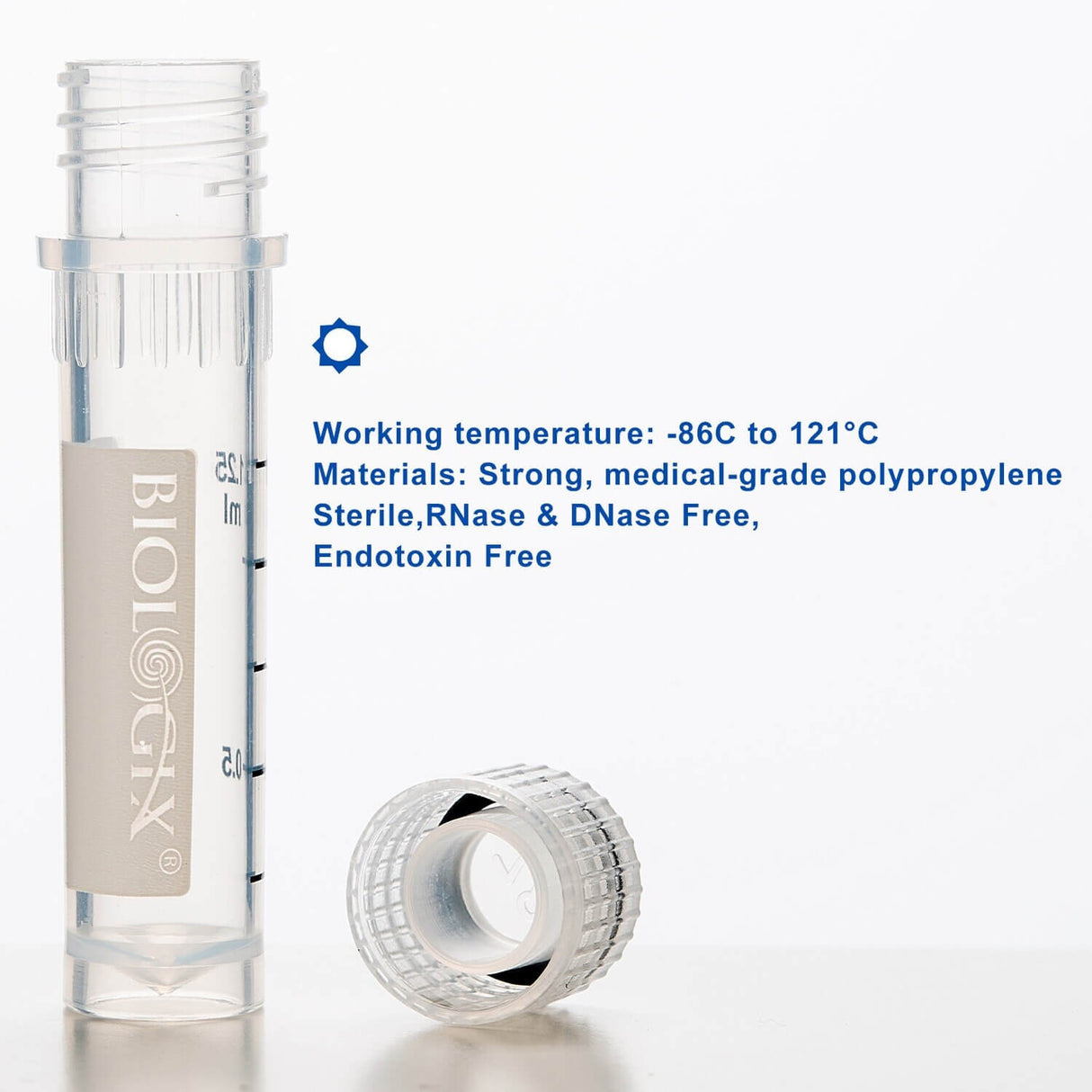 Biologix® 2ml Cryogenic Vials, Lab Vials for Low Temperature Storage, 50/Bag, 500/Pack, 2000/Case