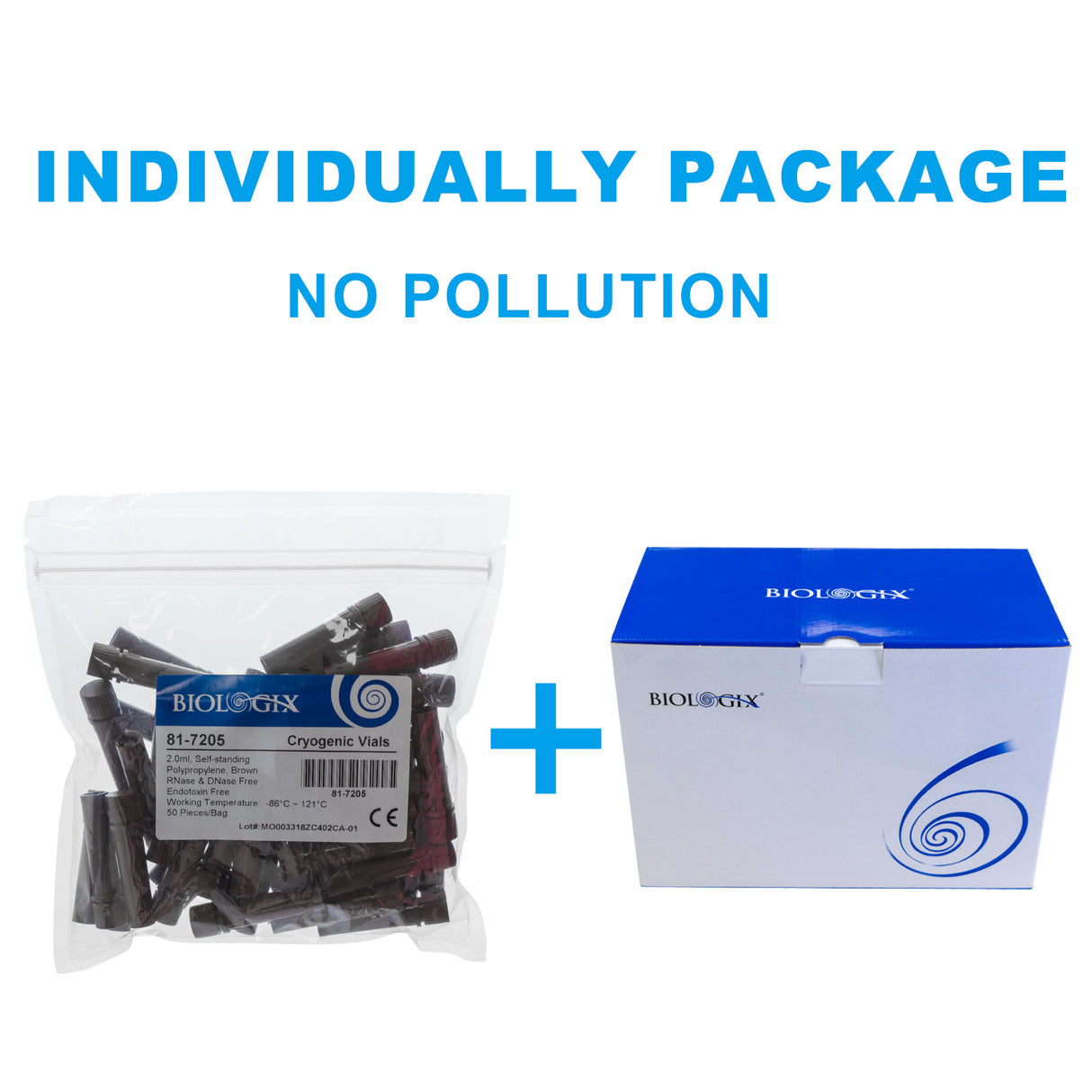 Biologix® Cryovials with Caps, 0.5/2.0ML Cryogenic Vials, Sterile, External, Brown, 50/Bag, 500/Pack, 2000/Case