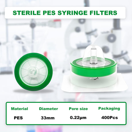 Sterile Syringe Filter-PES, 0.22um Pore Size,  33mm Diameter (Female Luer Lock + Male Luer Slip) 100/Pack, 400/Case