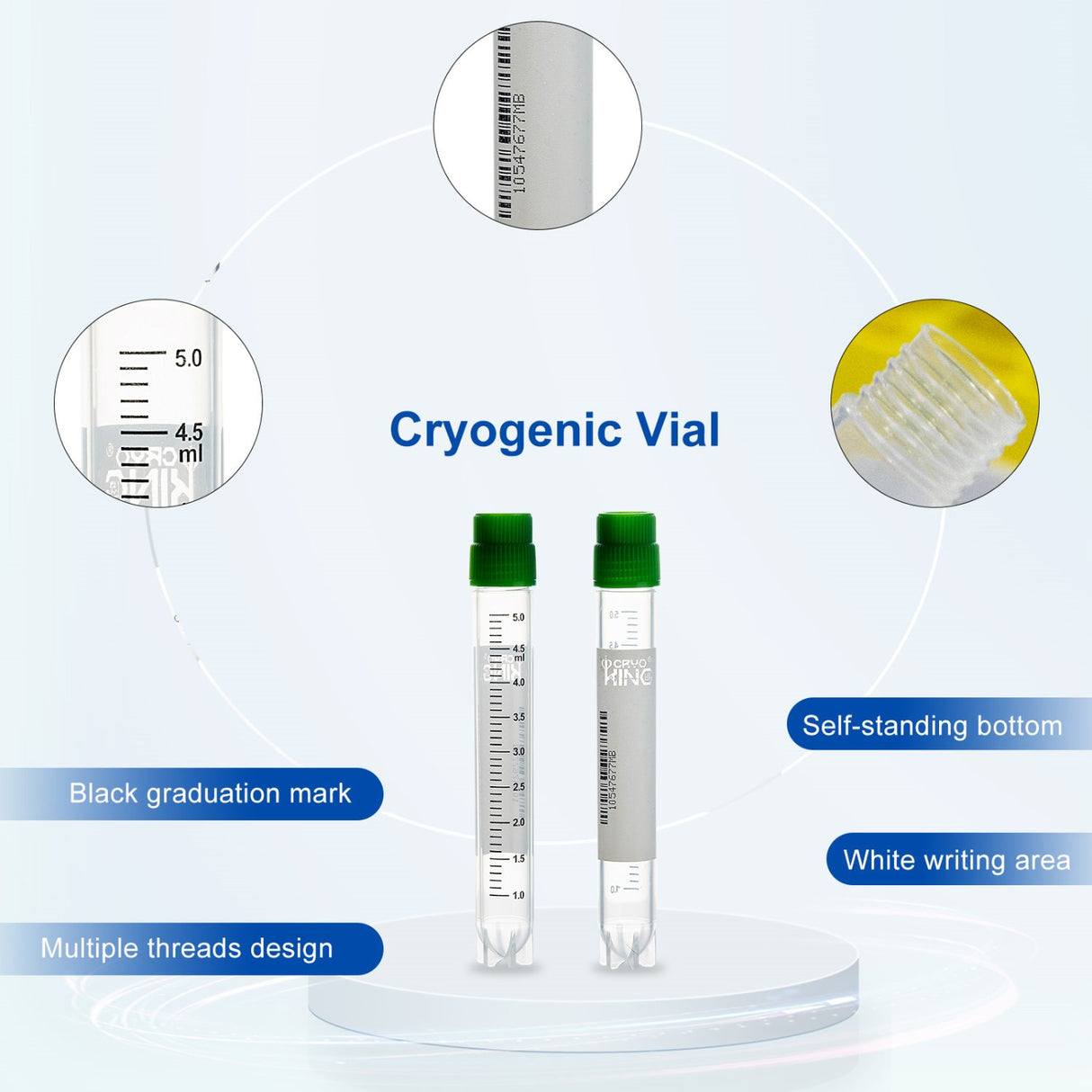 5ml Cryogenic Vials, Side Bardcode, External, 25/Bag, 500/Pack, 1000/Case