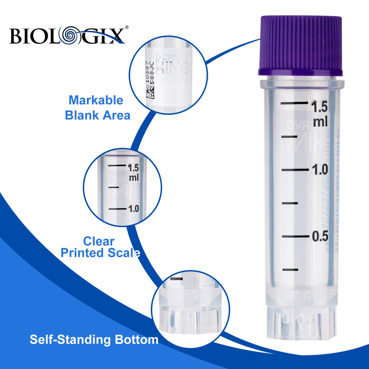 CryoKING® 1.5ml Cryogenic Vials, External Thread, Sterile, Self-Standing, Side Barcode, 25/Bag, 500/Pack, 1000/Case