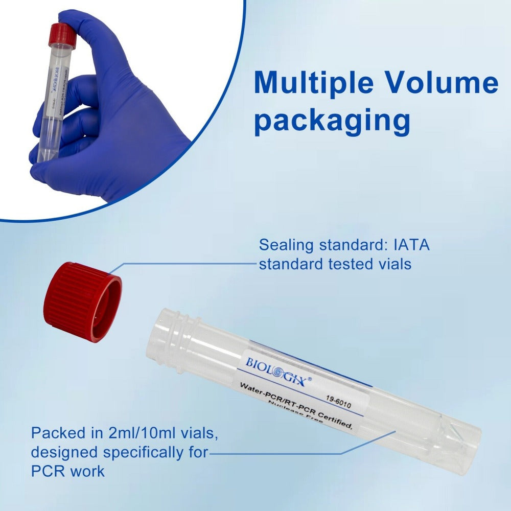 Ultra Pure Water, Molecular Biology Grade, DNase, RNAse, Protease, Endotoxins (Pyrogen) Free, PCR/RT-PCR Certified, Nuclease-Free Water, 10 ml, 50 Pcs/Pack, 10 Packs/Case