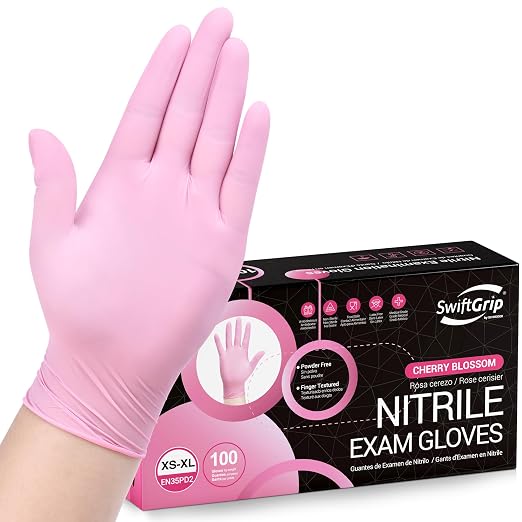 Pink Nitrile Gloves, 3-mil, Industrial Gloves Disposable Latex Free, for Cleaning & Esthetician, Rubber Powder-Free, 100-ct Box