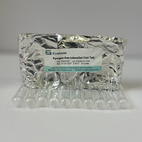 Packaging of FireGene pyrogen-free tubes on a white background