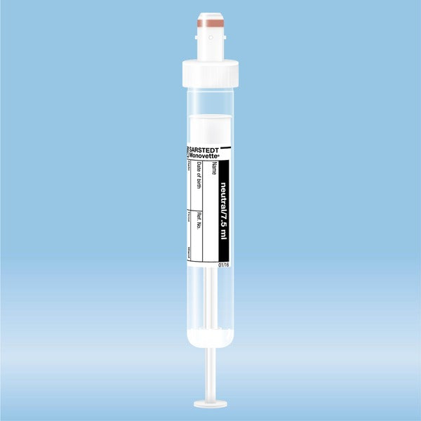 S-Monovette neutral, 7.5 ml, cap white,  92 x 15 mm, with paper label, 50 Piece(s)