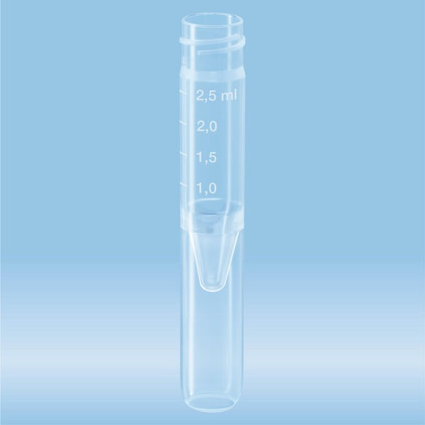  Screw cap tubes, 2.5 ml,  75 x 13 mm, conical false bottom, rounded tube bottom, PP, without cap, 500 Piece(s)