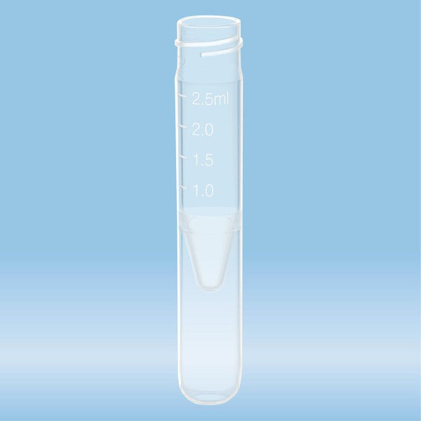  Screw cap tubes, 2.5 ml,  75 x 13 mm, conical false bottom, rounded tube bottom, PP, without cap, 1000 Piece(s)